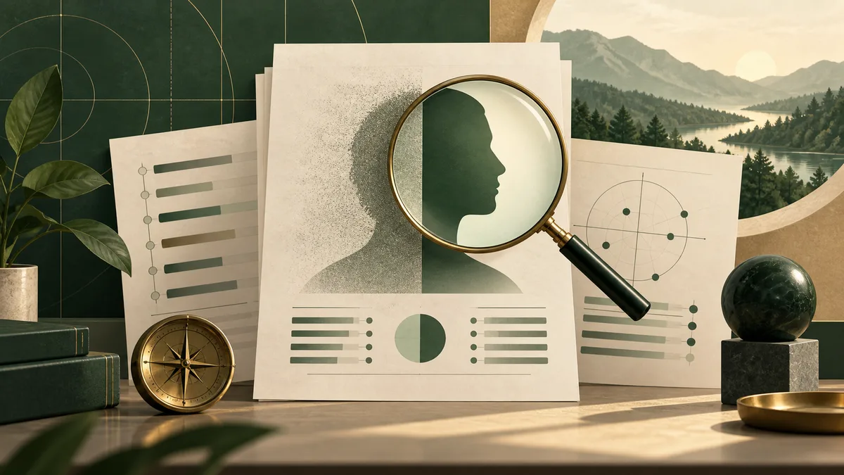 Cream-colored papers with abstract profile silhouettes, circular charts, and horizontal bars, arranged on a desk beside a magnifying glass, compass, books, and a dark sphere; a mountain lake scene appears in the background.