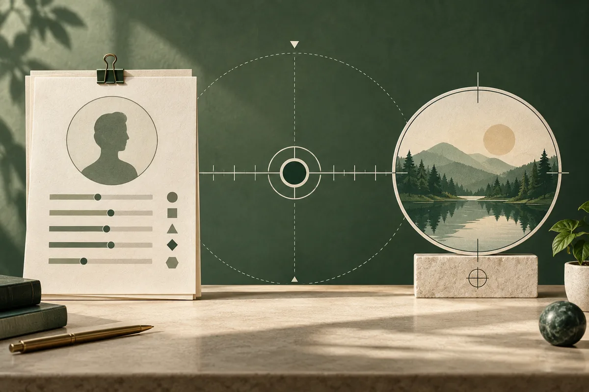 A clipped paper sheet with a profile silhouette and rows of bars and shapes sits beside a circular target graphic and a round mountain lake illustration on a stand.