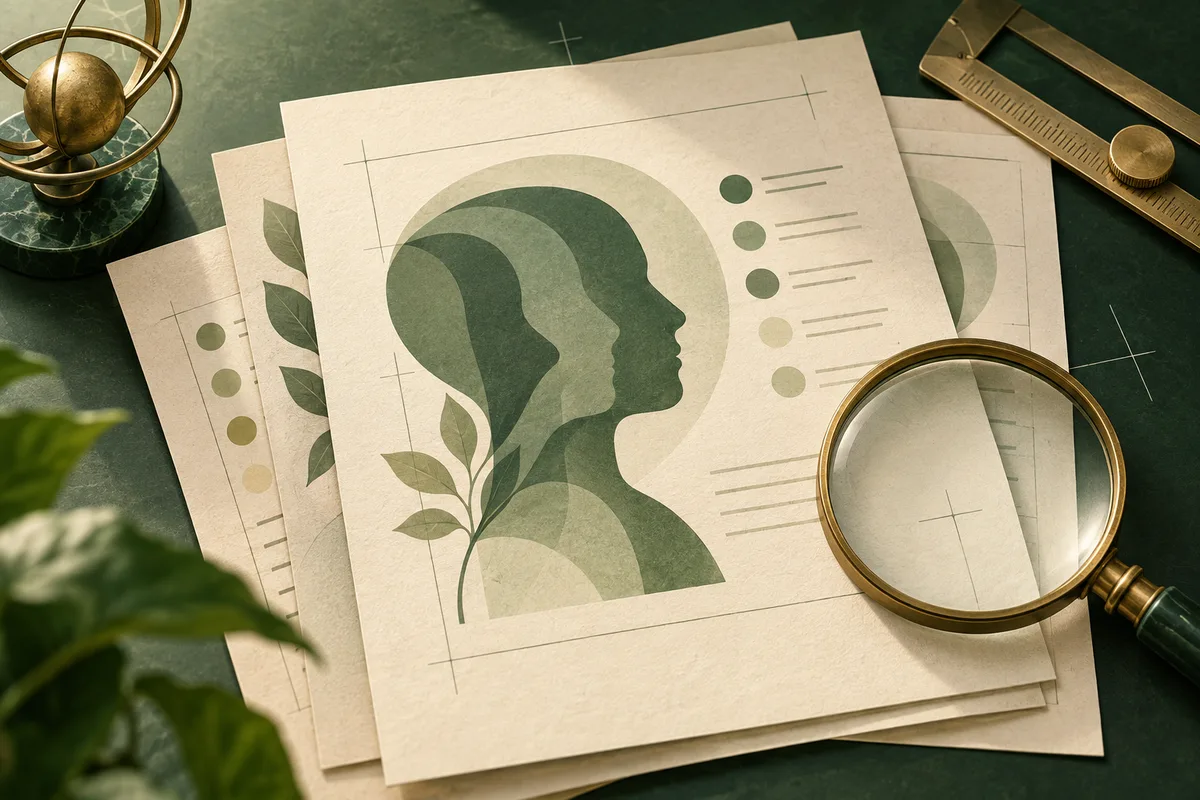 Overlapping papers display layered profile silhouettes, leaves, colored circles, and horizontal lines, with a magnifying glass, ruler, and metal sphere arranged around them.