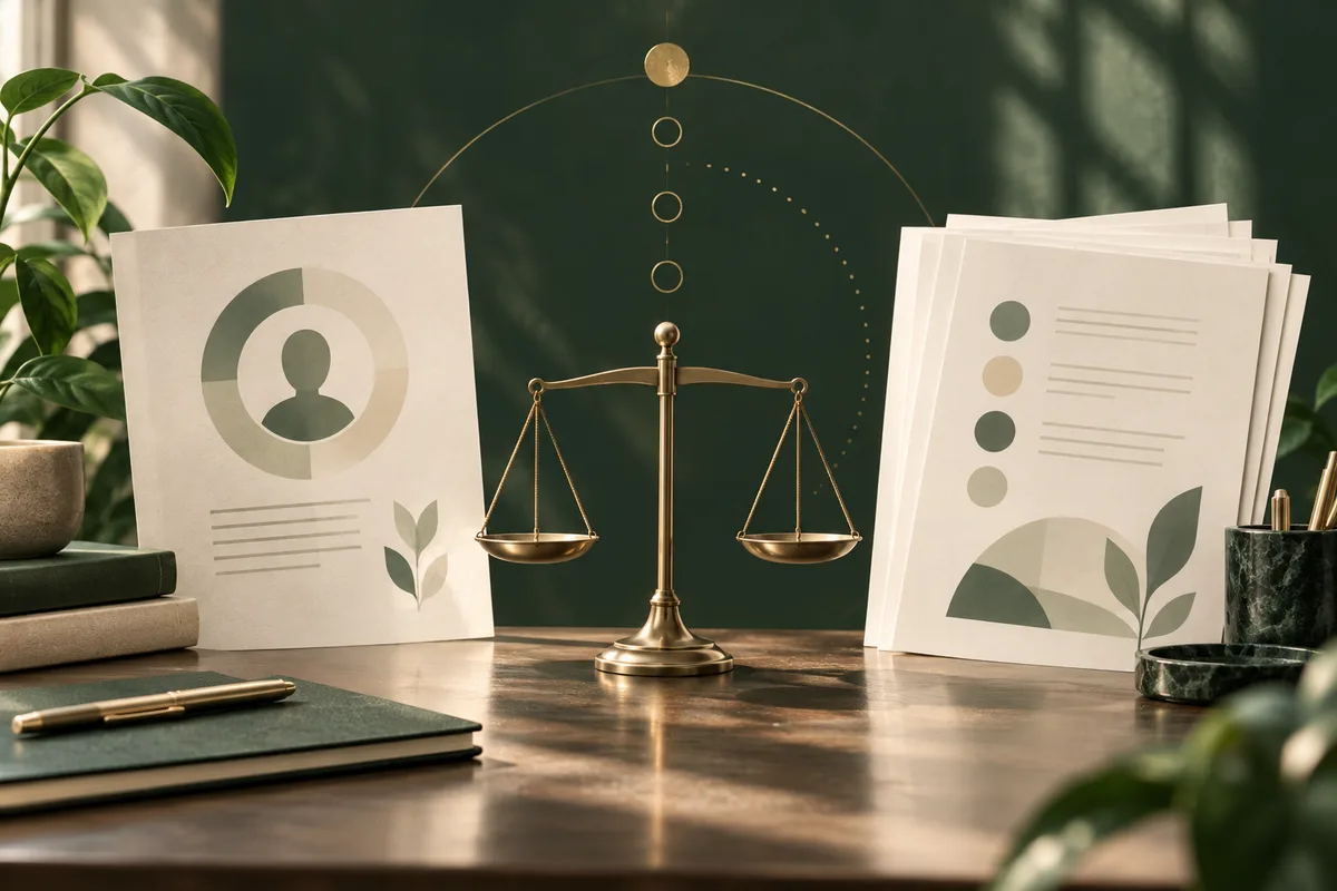 A brass balance scale stands between a profile sheet with a circular diagram and a stack of report pages on a desk.