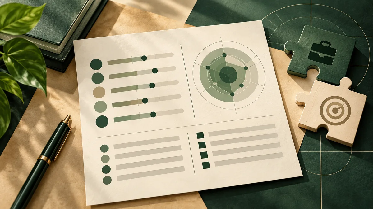 An illustrated report page with colored scales and a circular diagram, beside two puzzle pieces marked with a briefcase and a target.