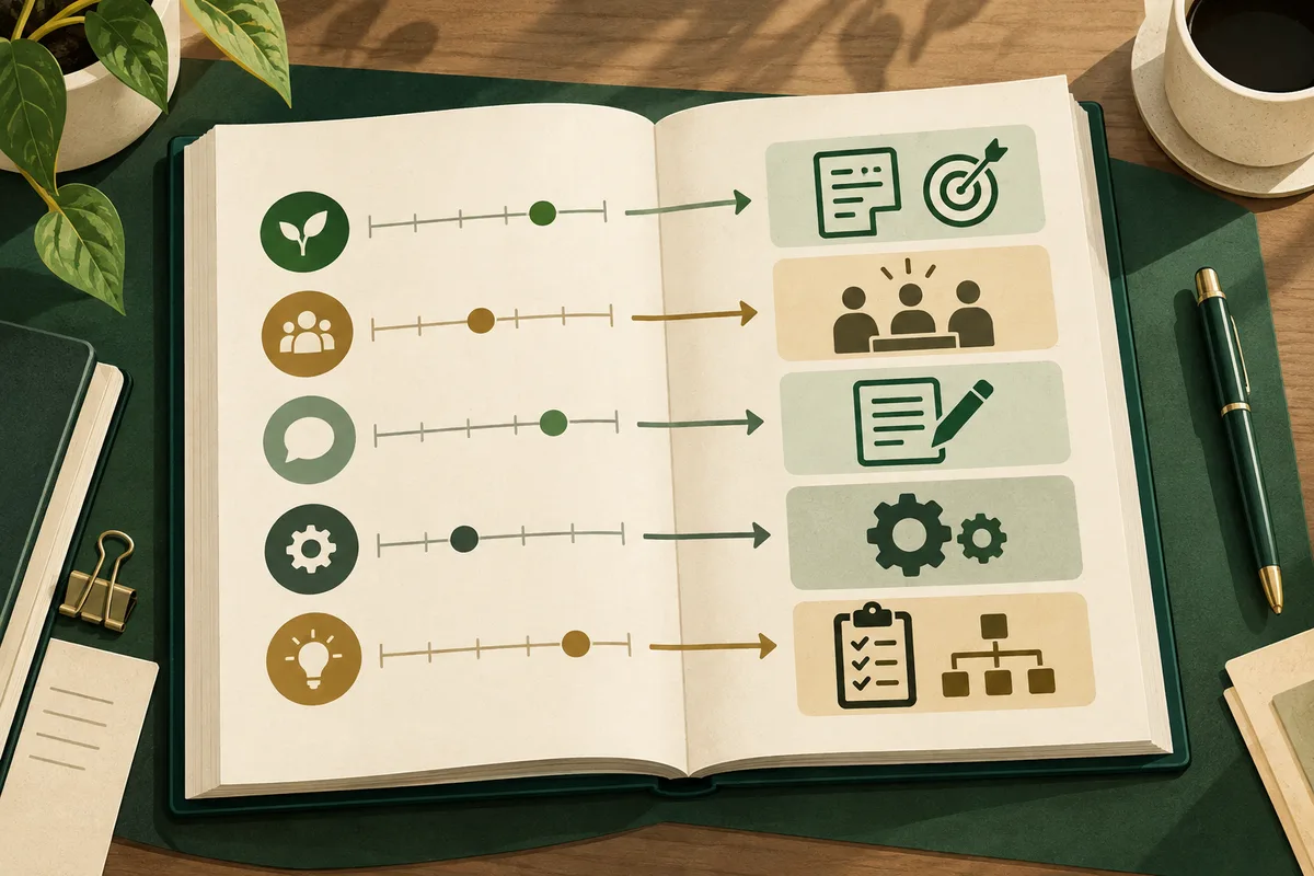 An open book shows five colored scales connected by arrows to icons including a document, people, gears, and a checklist.