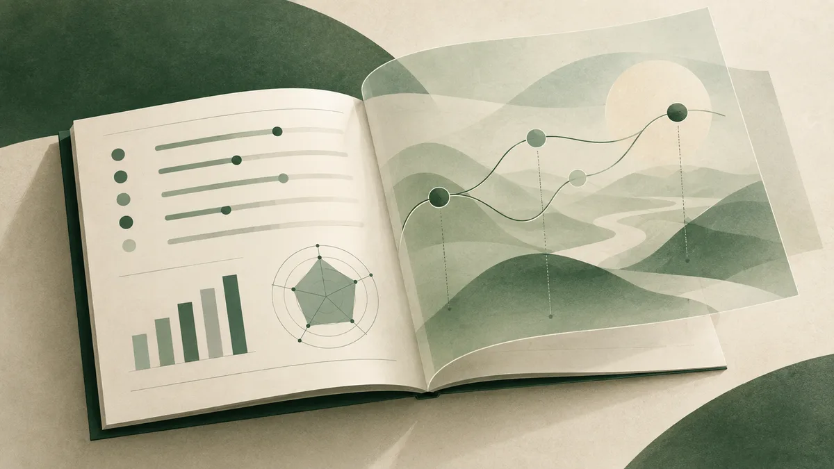 An open report displays horizontal scale markers, a bar chart, and a radar chart on the left page, with a winding line and circular points over layered green shapes on the right.