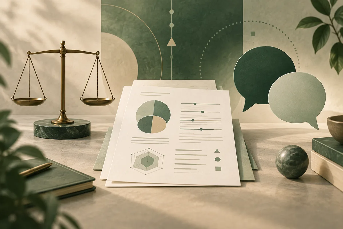 A balance scale beside report pages with colored charts, line marks, and two speech bubbles.
