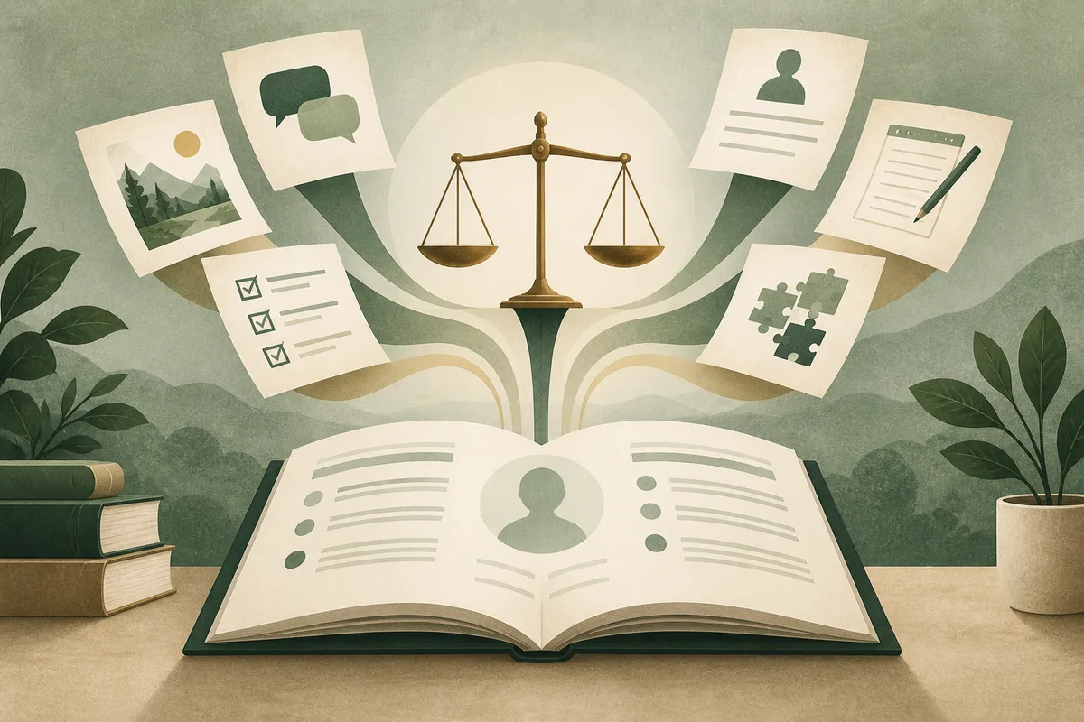 An open illustrated book with a profile silhouette and blank lines, beneath a balance scale and several connected cards showing speech bubbles, a landscape, checkboxes, a profile icon, a pencil, and puzzle pieces.