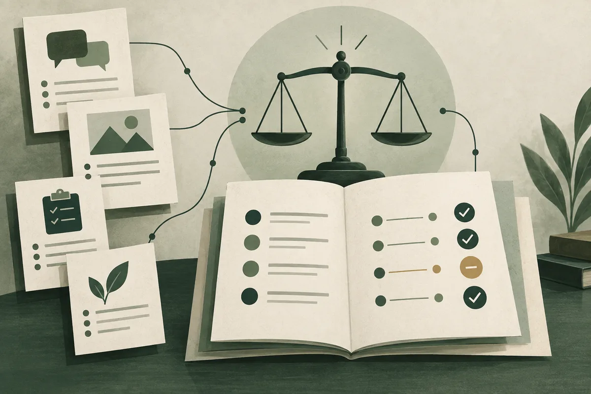 An open book sits beneath a balance scale, with connected cards showing speech bubbles, a landscape, a clipboard, and a leaf; the book includes colored dots, lines, check marks, and a minus symbol.