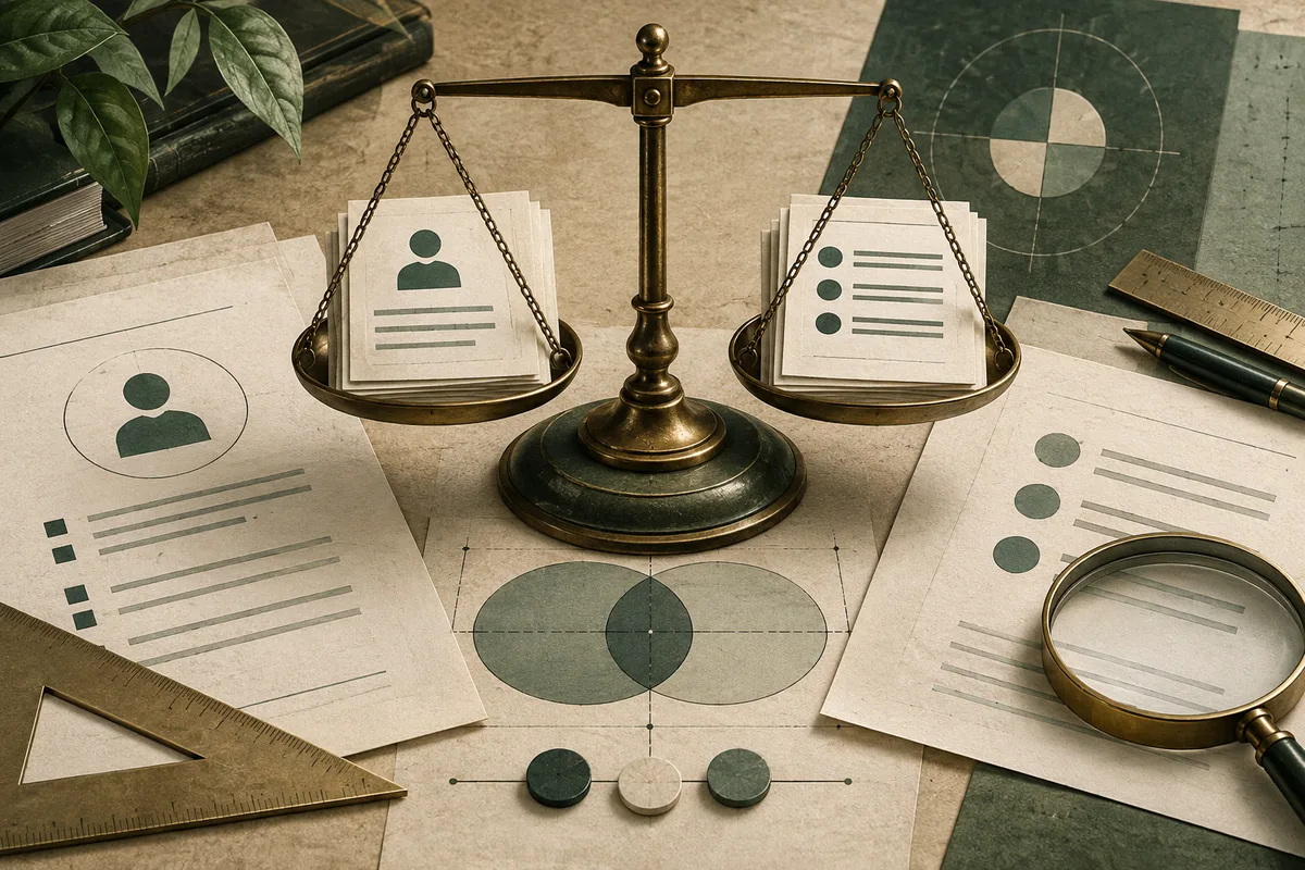 A brass balance scale holds stacks of cards with profile and checklist icons, surrounded by papers with geometric diagrams, a ruler, a pen, a magnifying glass, books, and leaves.