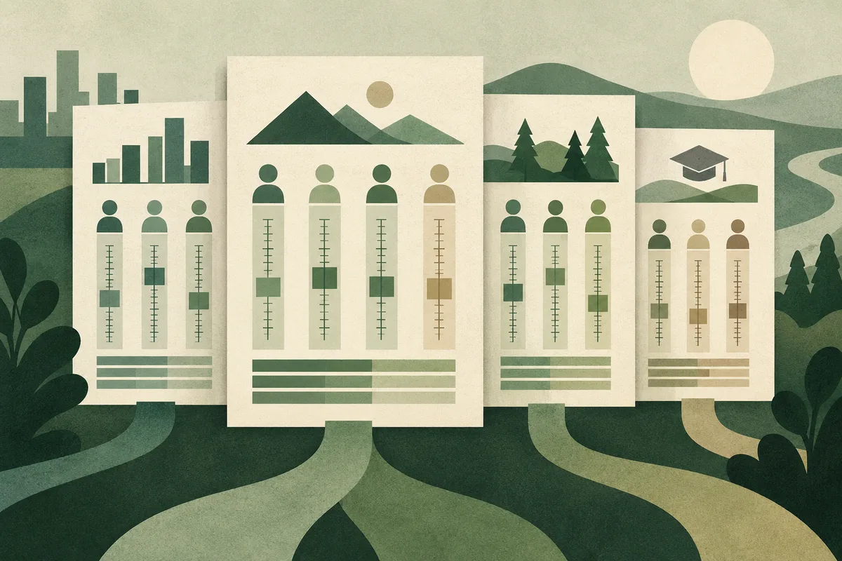 Four cream report panels show bar charts, simplified figures with measurement scales, mountains, trees, and a graduation cap against a green landscape.