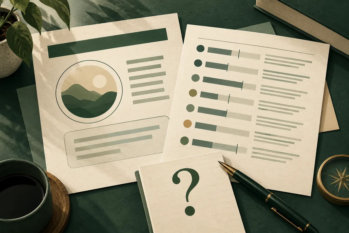 Two cream report pages with abstract bars and lines lie on a dark green desk beside a question-mark notebook, pen, compass, coffee cup, and leafy plant.