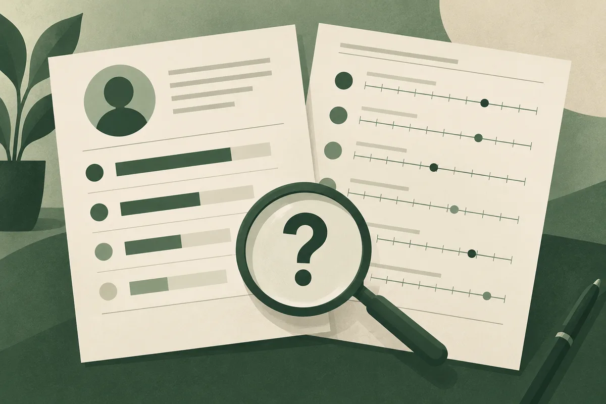 Two cream pages show abstract bars and marked scales, with a magnifying glass containing a question mark between them; a profile icon and leaves appear nearby.