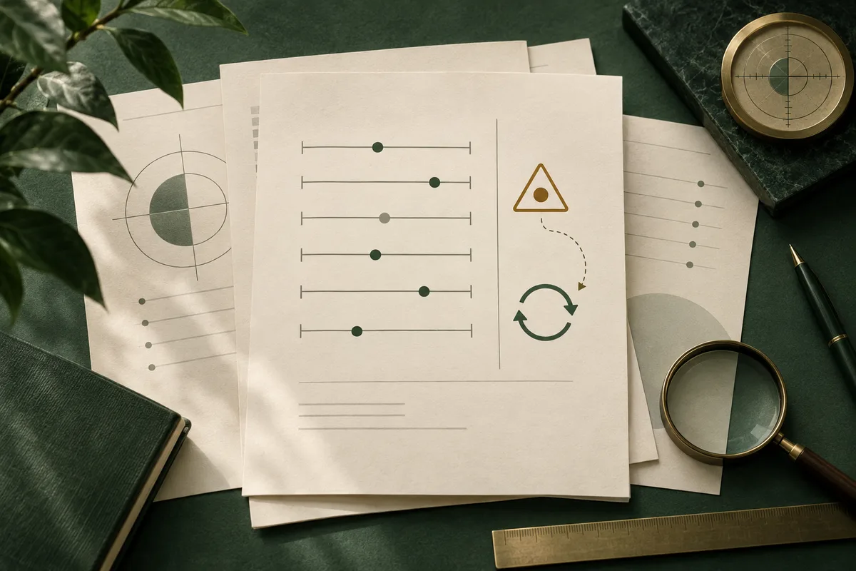 Cream report pages display rows of slider marks, a warning triangle, and circular arrows, surrounded by a magnifying glass, ruler, pen, and leafy branch on a dark green desk.