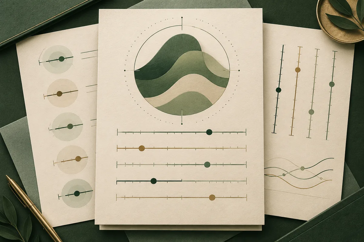 A cream report page with a circular layered green graphic and rows of slider scales, set over charts and papers on a dark green surface.