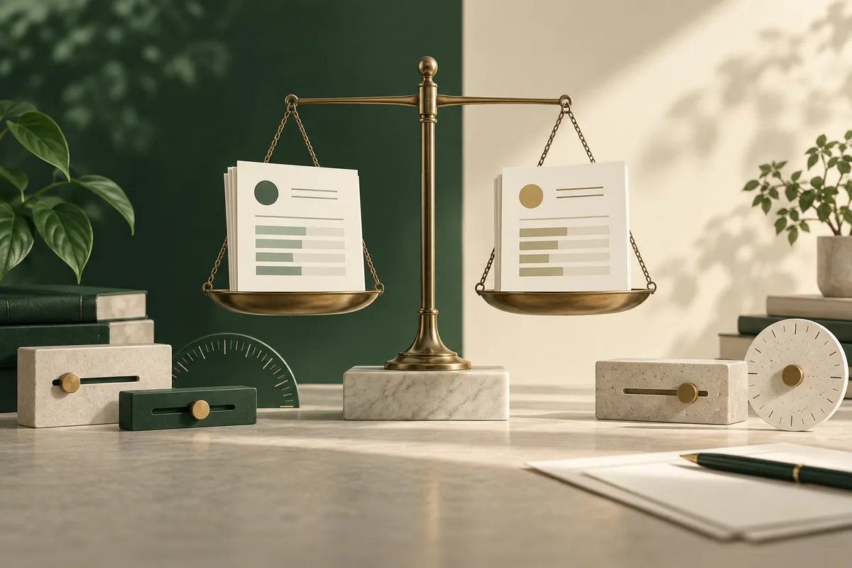 Brass balance scale holding two stacks of simplified report pages on a marble tabletop, with green and cream measurement blocks, books, plants, and a pen.