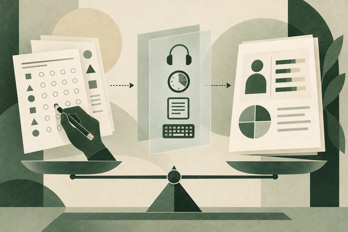 Stylized illustration of a hand marking geometric shapes on a questionnaire, with arrows leading to headphones, a clock, a document, a keyboard, and a profile report on balance scales.