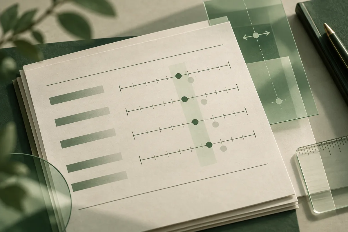 Close-up of a report page with horizontal bars and four dot markers on ruler-like scales, beside translucent green panels, a ruler, and a pen.