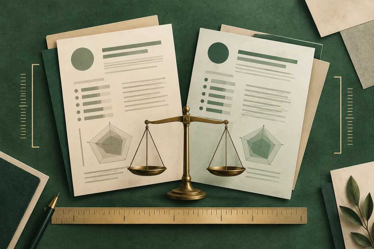 Two simplified report pages with colored bar charts and polygon diagrams beside a brass balance scale and wooden ruler on a green surface.