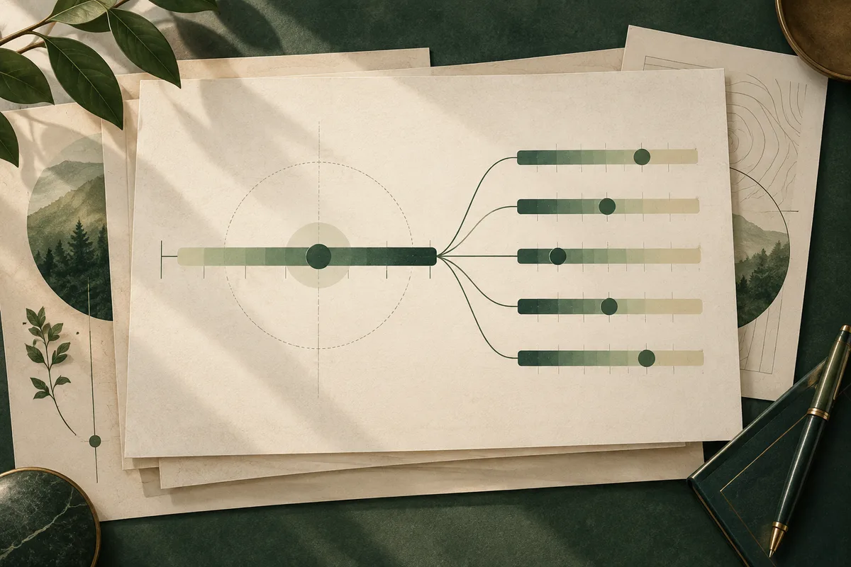 Cream report sheets show a green horizontal scale branching into five smaller scales, surrounded by leaves, a pen, and muted landscape illustrations.