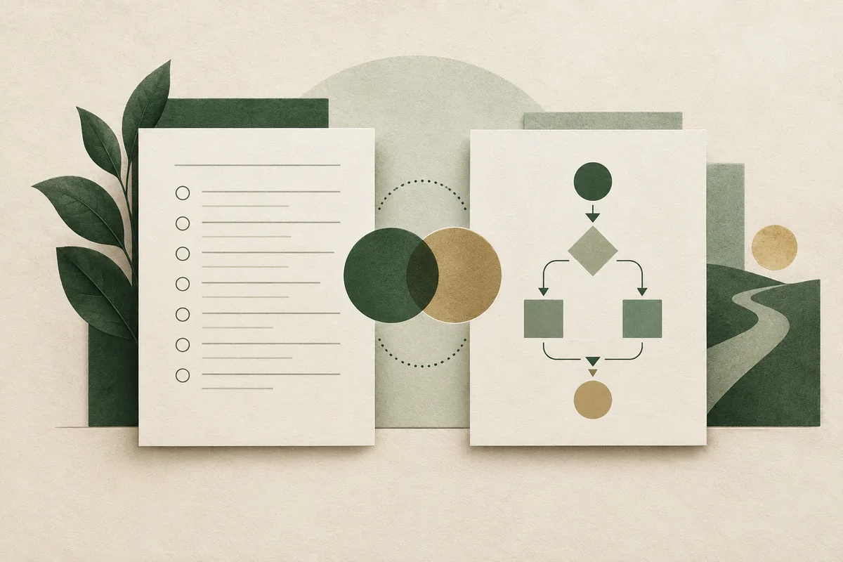 Two cream sheets show a checklist of circles and lines and a flowchart of geometric shapes; overlapping green and ochre circles sit between them, with dark green leaves and abstract green shapes behind.