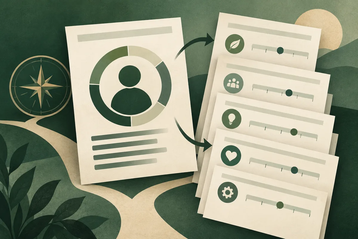 Cream report cards show a person silhouette inside a segmented circle beside five slider cards with leaf, people, lightbulb, heart, and gear icons. Curved arrows connect the cards, with a compass symbol and leafy shapes against a dark green background.