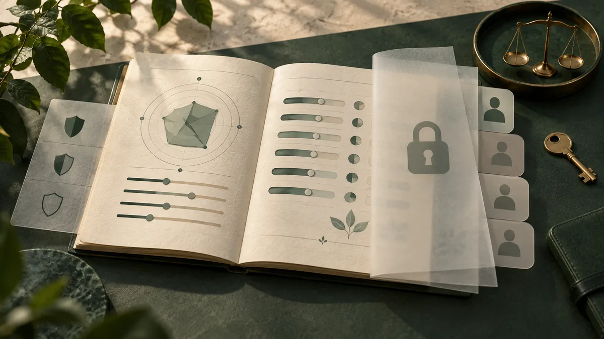 Open illustrated report with geometric charts and horizontal scales, partly covered by a translucent sheet with a padlock; profile cards, balance scales, and a key sit nearby.
