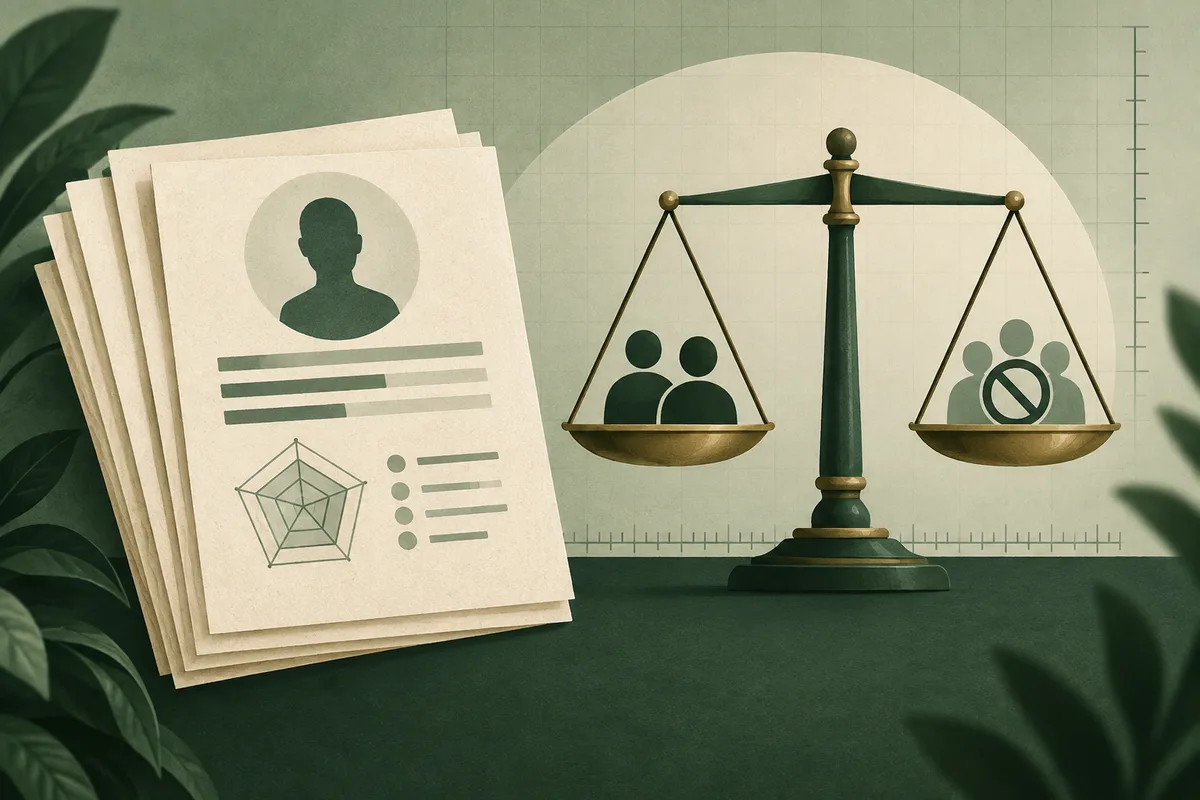 Stack of illustrated profile sheets with a silhouette, bars, and a radar chart beside balance scales holding two figures on one side and a crossed-out group symbol on the other.