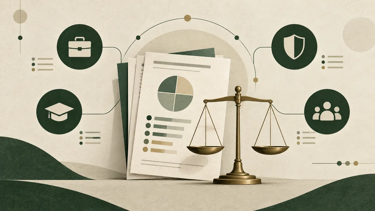 A stack of report pages with a pie chart and colored bars sits behind a balance scale, surrounded by icons of a briefcase, shield, graduation cap, and group of people.