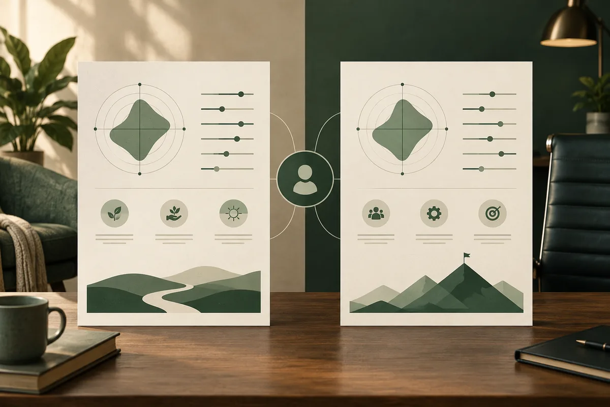 Two cream report sheets with abstract charts, sliders, icons, and landscape graphics sit side by side, linked by a circular person symbol on a desk.