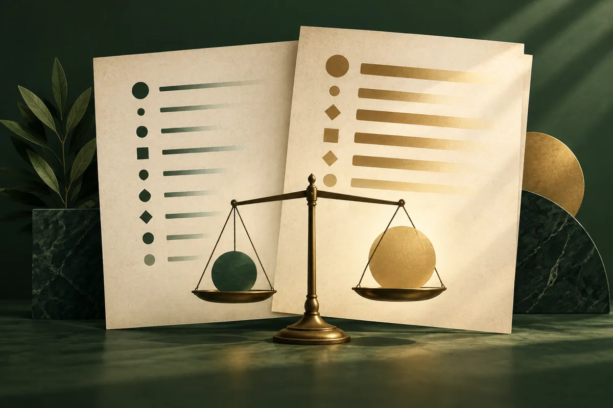 A brass balance scale holds a dark green sphere and a gold sphere in front of two cream sheets with rows of abstract marks, against a dark green background.