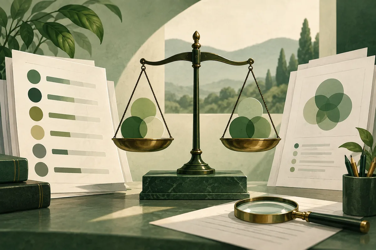 A brass balance scale holds overlapping green circles in both pans, surrounded by abstract charts, papers, books, a magnifying glass, and plants on a green desk.