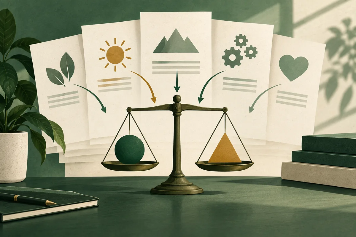A balance scale holds a green sphere on one side and a gold triangle on the other, with illustrated cards, arrows, books, and a plant behind it.