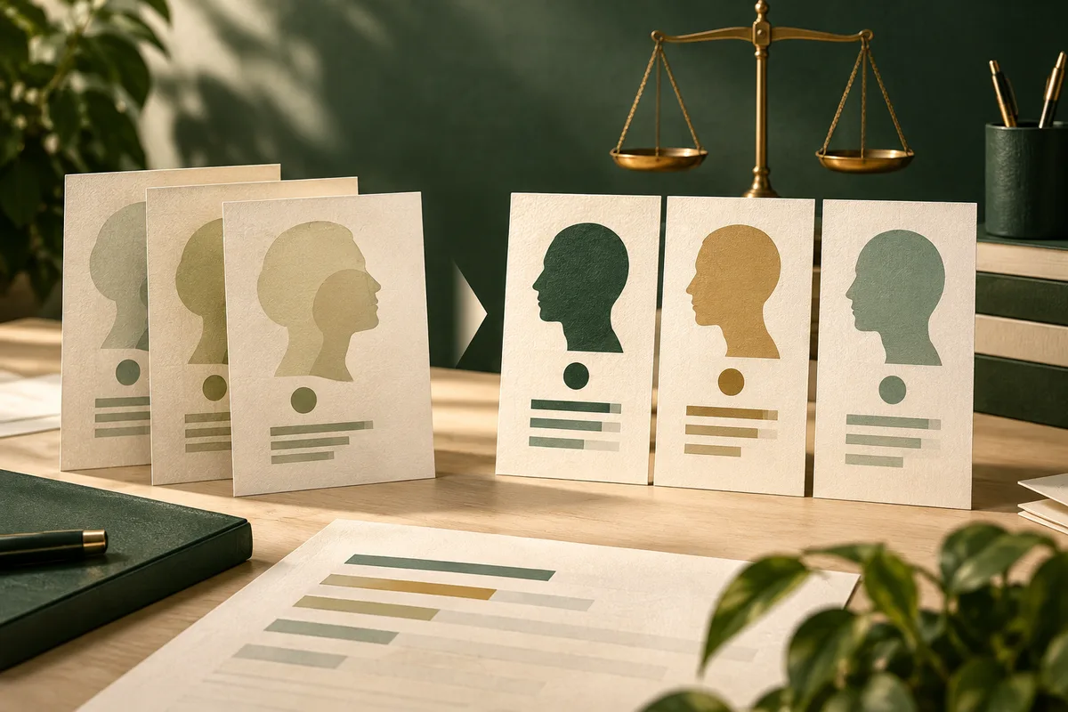 Several illustrated cards show overlapping and distinct head-and-shoulder silhouettes in muted colors, with a balance scale and abstract horizontal bars on a desk.