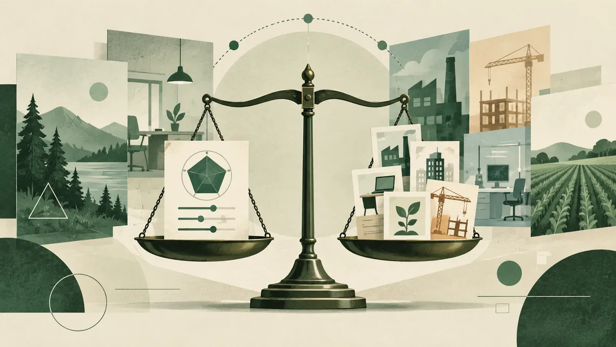 A central balance scale holds a geometric chart on one side and papers with plant and building illustrations on the other, against layered scenes of a forest, factory, construction site, office, and field.