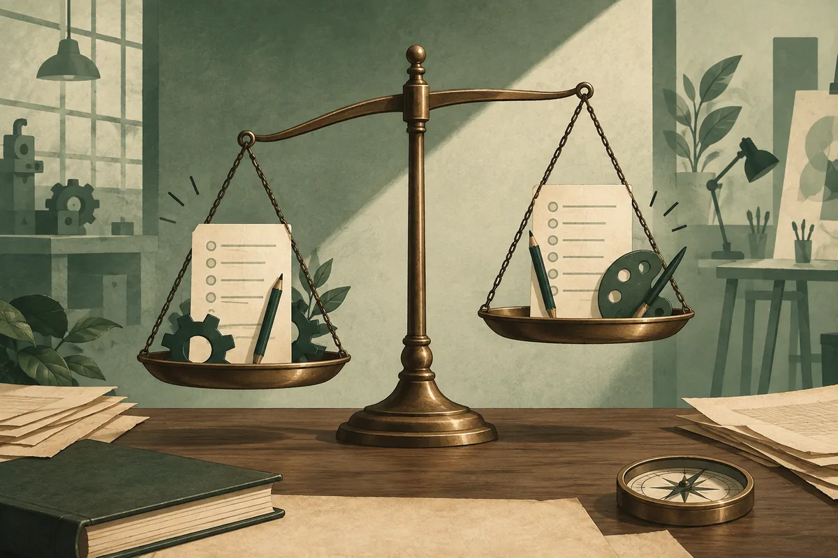 A bronze balance scale stands on a wooden desk, with checklist papers, a gear, a pencil, and a painter's palette in its pans; books, papers, plants, and a compass surround it.