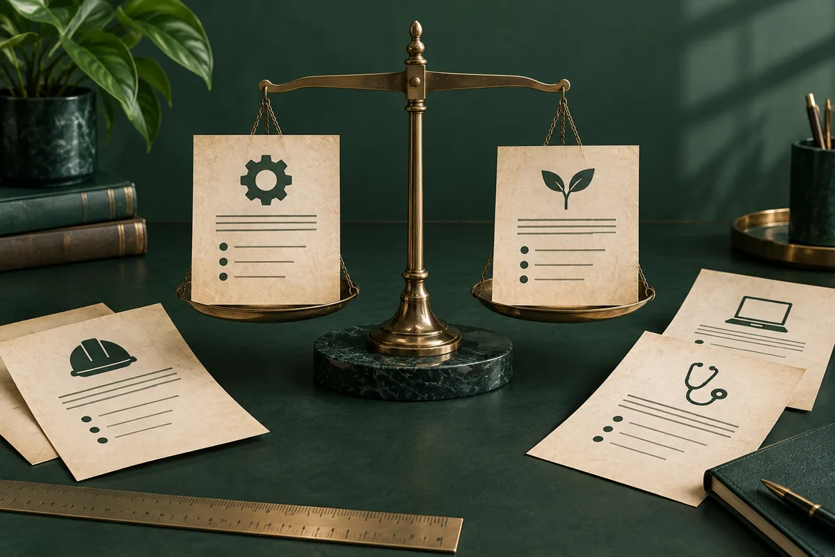 A balance scale holds two checklist papers marked with gear and leaf icons, while nearby papers show hard hat, laptop, and stethoscope icons beside books, a plant, pencils, and a ruler.