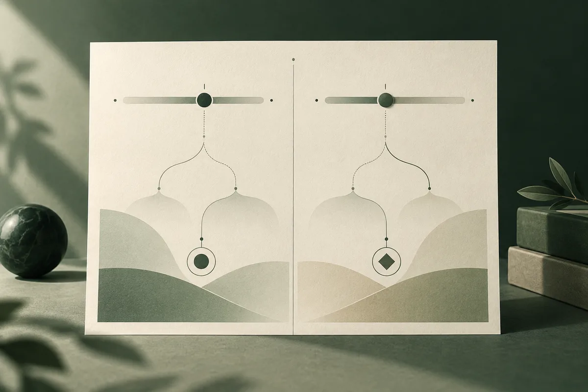 Two side-by-side abstract diagrams show slider scales branching into paths that end in a circle and a diamond, on a cream panel against a dark green background.