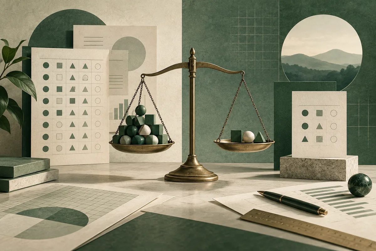 Brass balance scales with bowls of geometric shapes, abstract assessment sheets, a pen, and a ruler on a green-and-parchment desk.