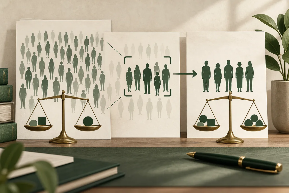Three panels show groups of human silhouettes narrowing to a smaller group, with arrows, brackets, and balance scales holding geometric shapes.