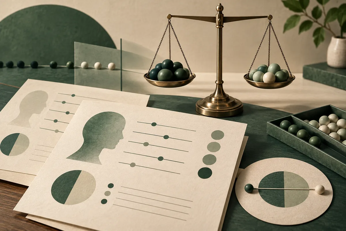 Assessment-style sheets with head silhouettes, dots and lines, and circular graphics sit beneath balance scales and trays of colored spheres.
