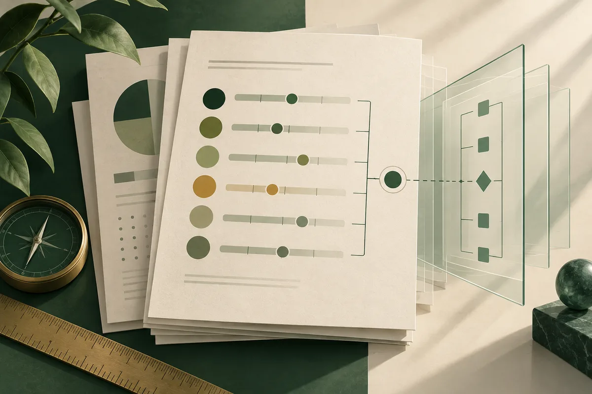Stacked report pages with colored circles and horizontal scales, connected to a geometric branching diagram; a compass, ruler, plant leaves, and dark green stone sit nearby.