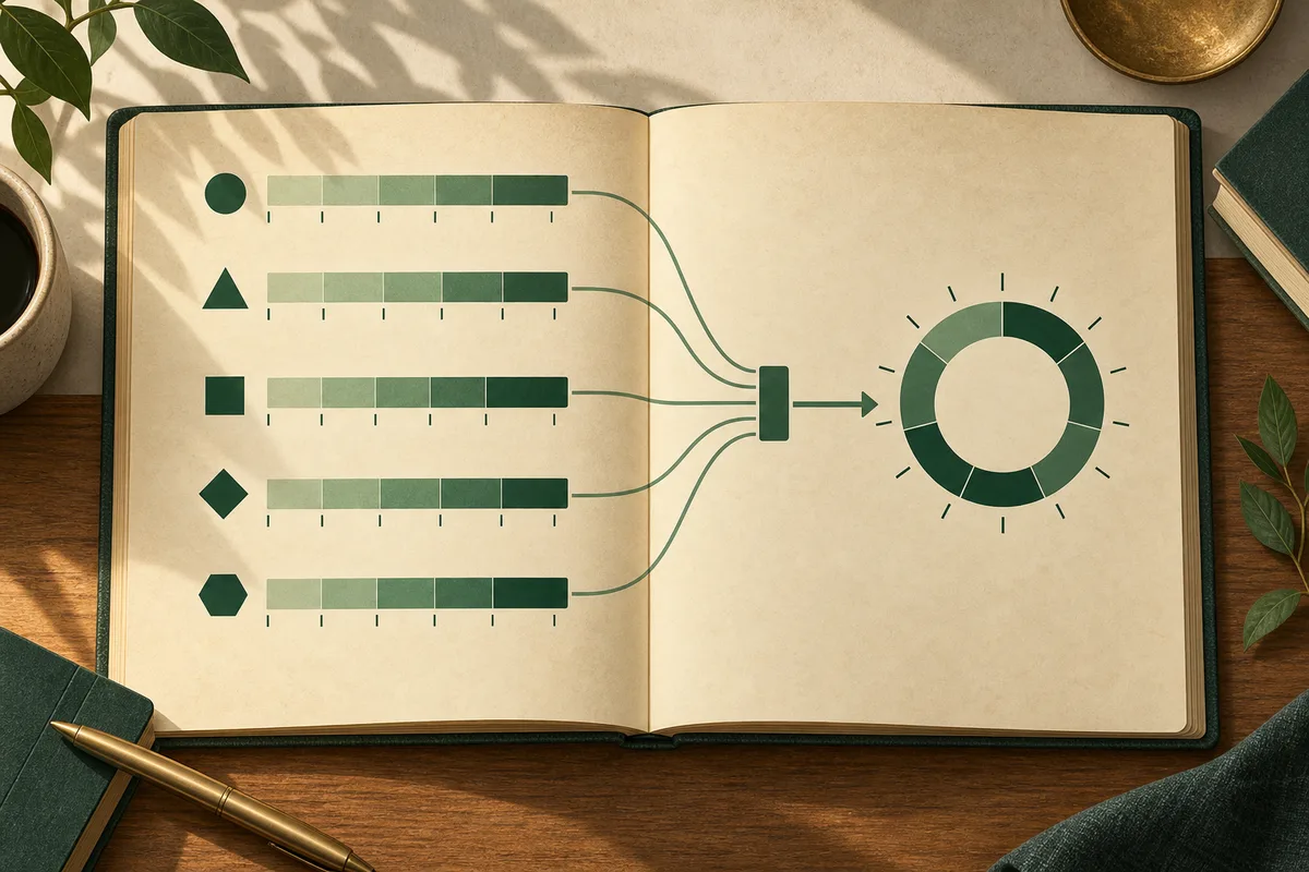 Open notebook showing five symbol-marked horizontal scales flowing into a segmented circular chart on the opposite page.