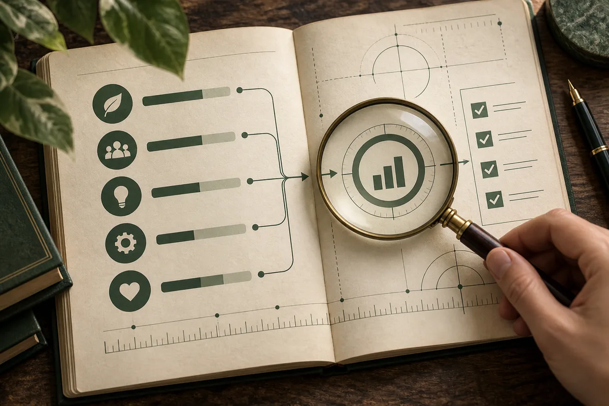 Open notebook with five icon-marked bar scales leading to a magnifying glass over a bar chart, beside a checklist; a hand holds the magnifying glass.