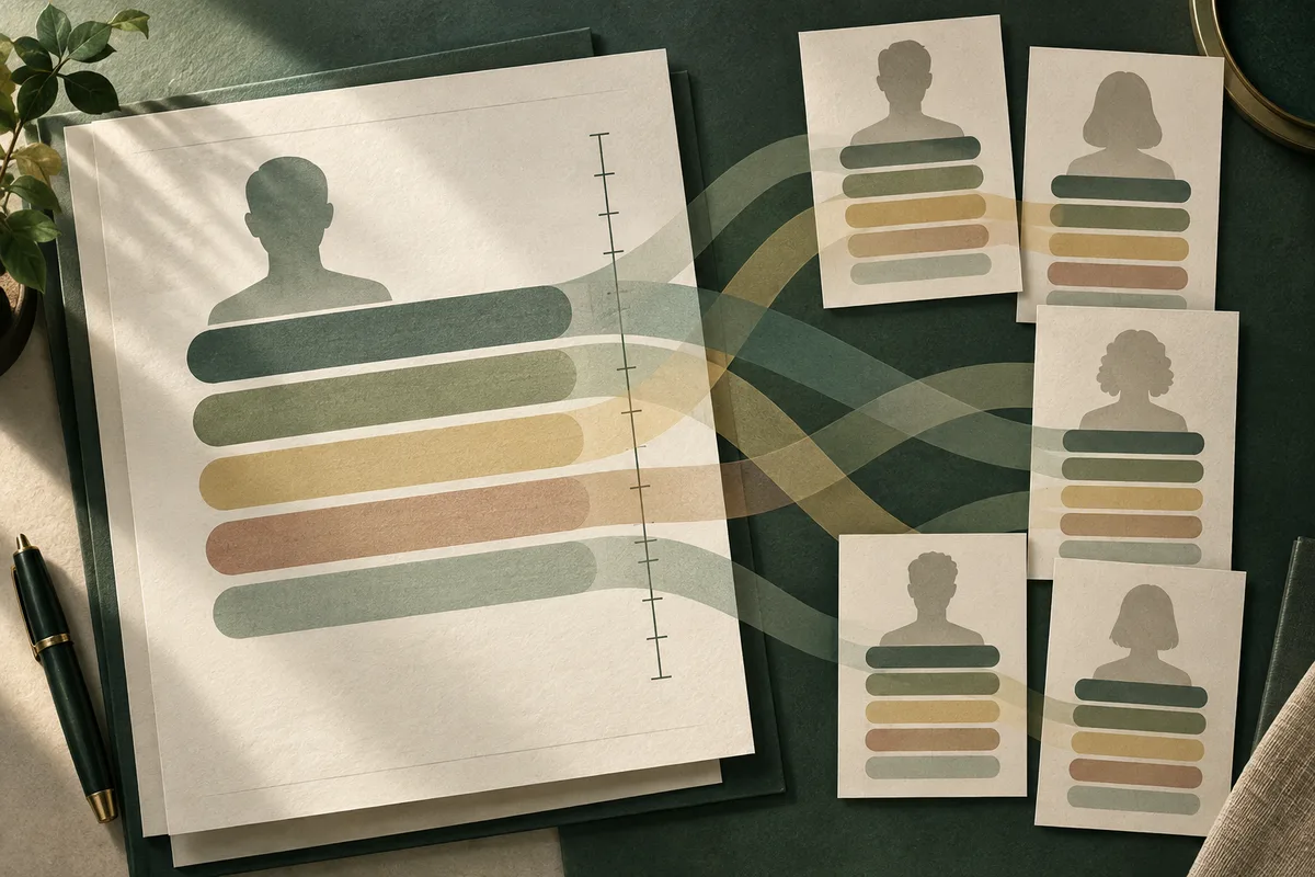 A large sheet with a silhouette and five colored bars sits beside several smaller profile cards, connected by translucent curved bands. A pen and leafy plant frame the papers.