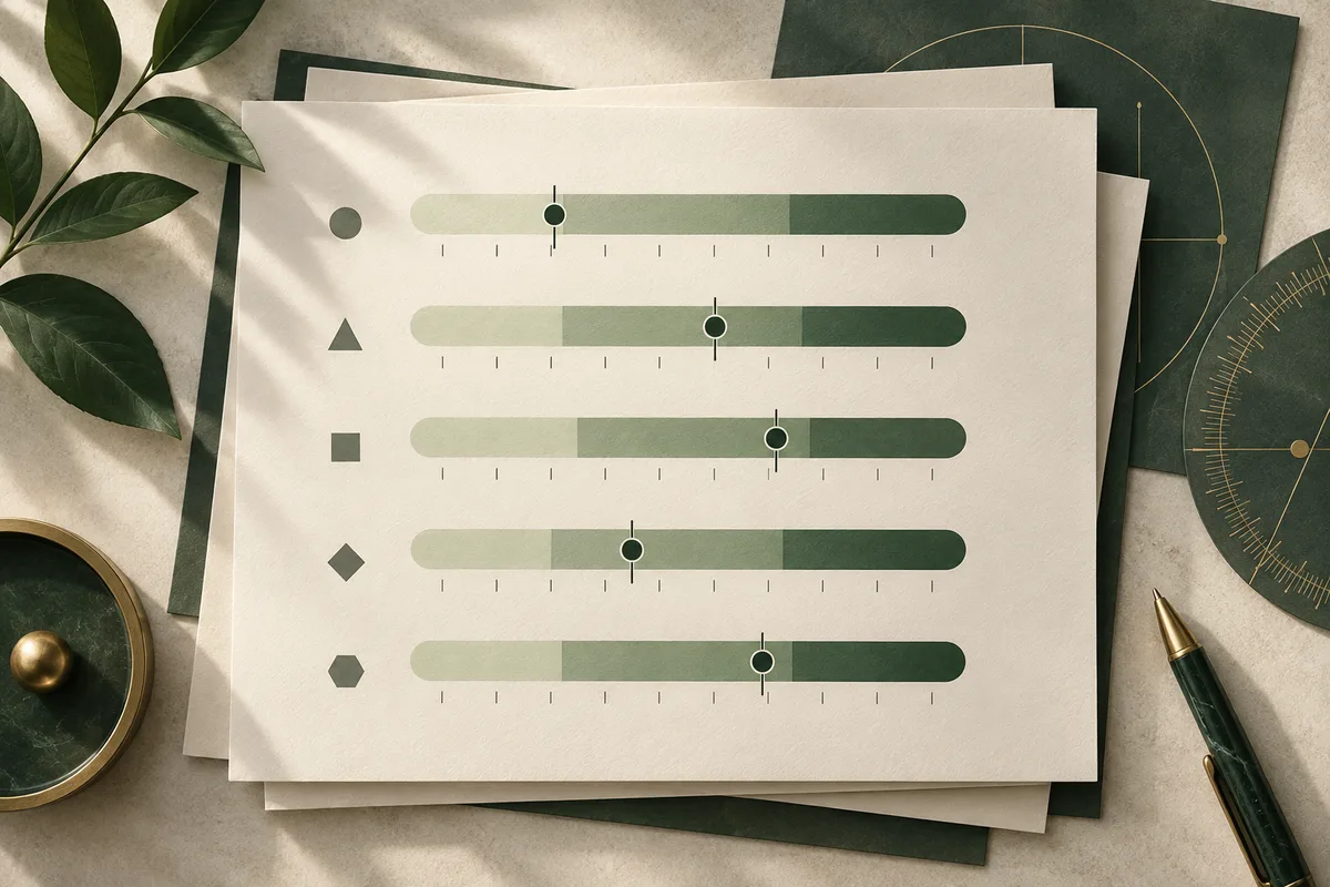 A cream paper sheet displays five green horizontal bands with tick marks, circular markers, and geometric symbols, surrounded by leaves, a pen, and dark green circular diagrams.