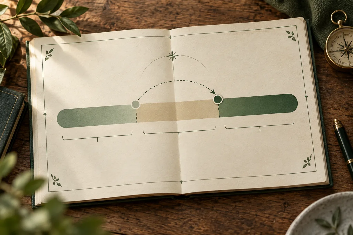 An open book shows a long green bar divided into three sections, two circular markers, and a dashed curved arrow between them.