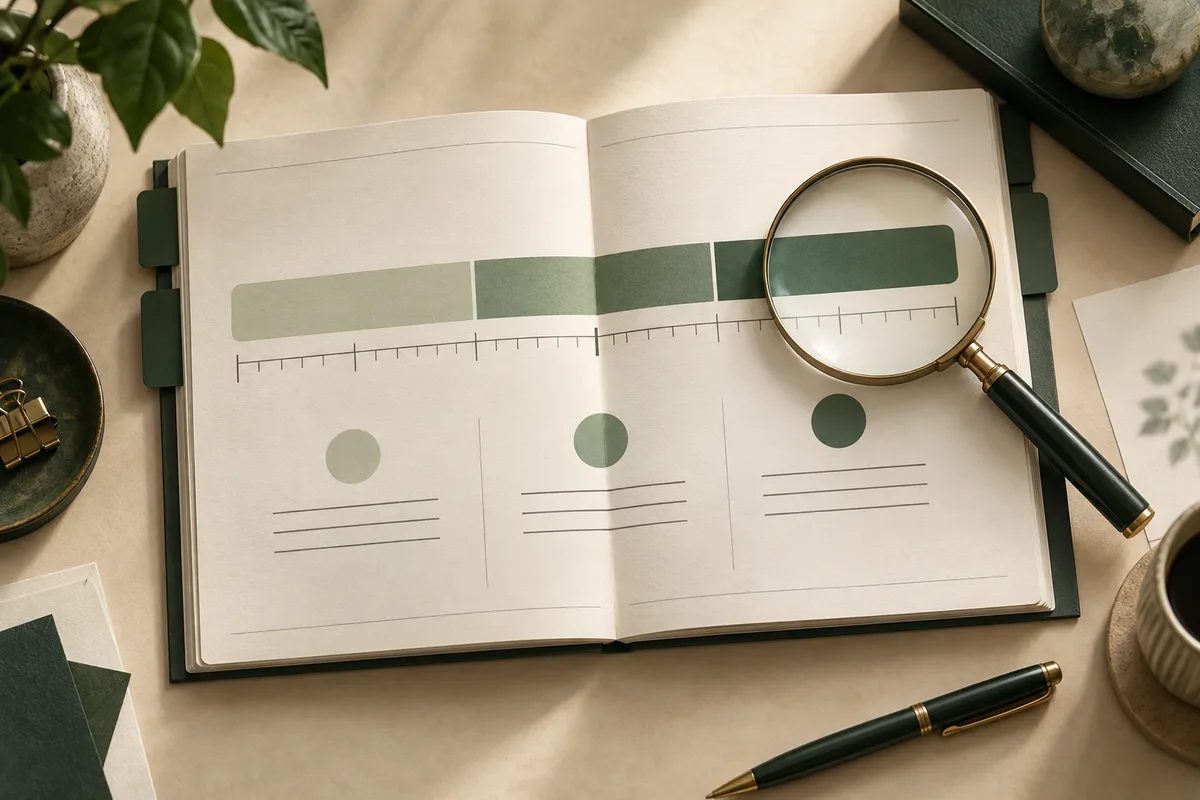 An open notebook shows a segmented green bar above a marked ruler, three colored circles with lines beneath them, and a magnifying glass.