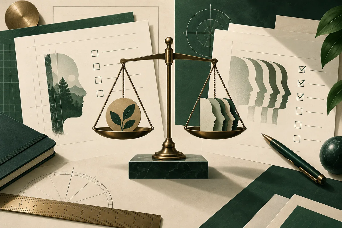 Brass balance scale between two illustrated sheets, with profile silhouettes, checkboxes, a ruler, pen, and dark green books on a parchment-colored surface.