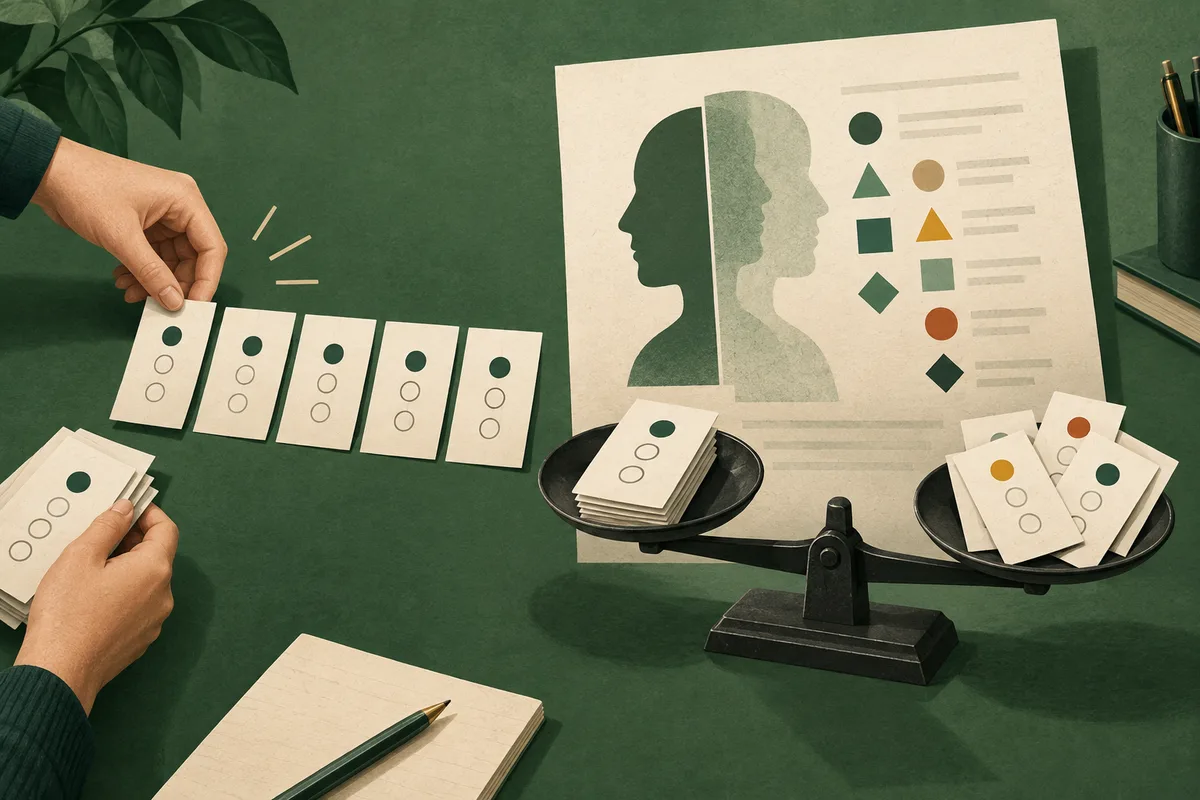 Hands arrange cream cards with colored dots and empty circles beside a balance scale and a sheet showing profile silhouettes and geometric shapes.