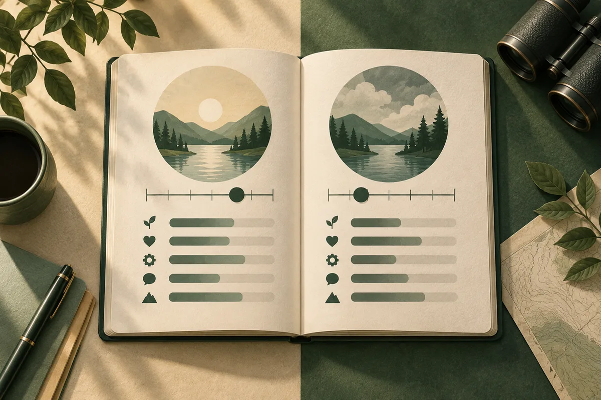 Open notebook showing two illustrated mountain lakes, horizontal rating bars, and slider markers, with binoculars, leaves, a cup, pen, and map around it.