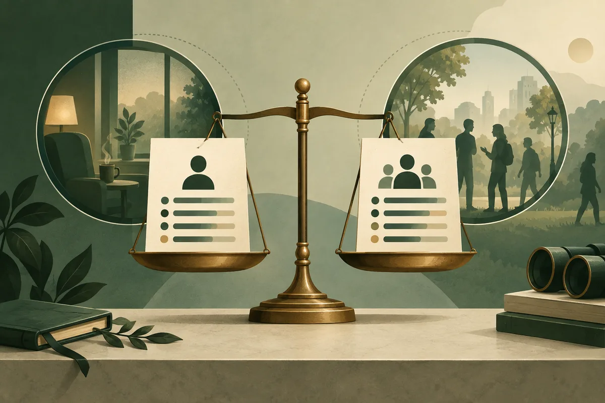 Balance scale holding two illustrated report sheets, one with a single-person icon and one with a group icon, with room and outdoor scenes behind them.