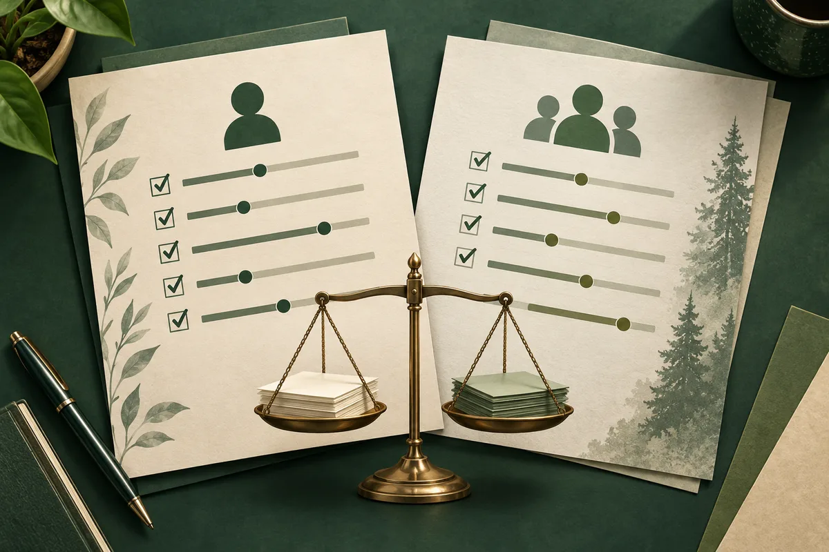 Two illustrated report pages with single-person and group icons, checked boxes, and horizontal rating bars above a balance scale holding stacks of papers.